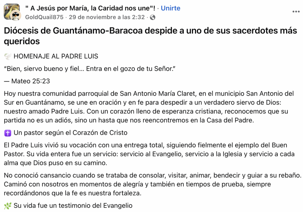 fallece padre italiano en Cuba