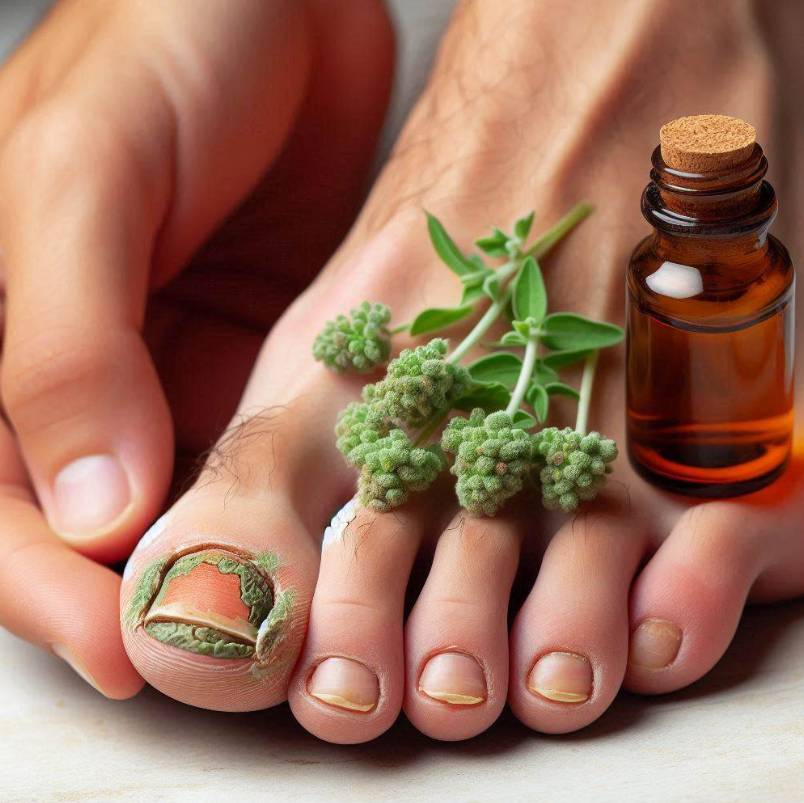 Aceite de orégano al lado de un pie con hongos en las uñas