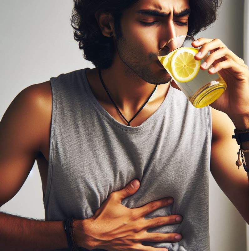 Persona que toma agua con limón para mejorar la digestión