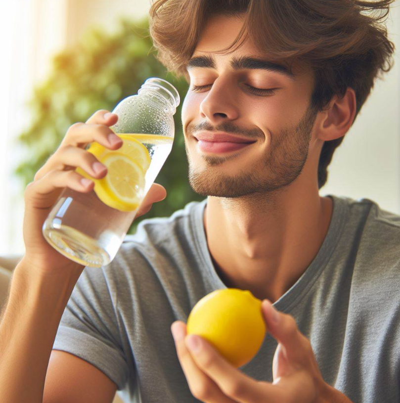 Persona que se siente hidratada al beber agua con limón