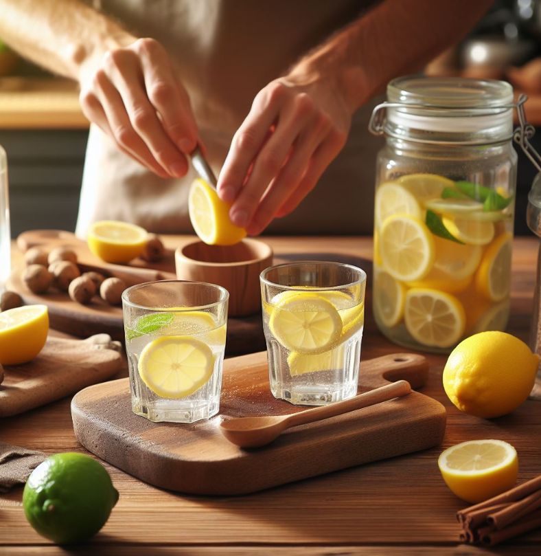 Vaso de agua con limon y persona que la prepara