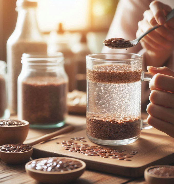 Persona que toma agua de linaza en la mañana