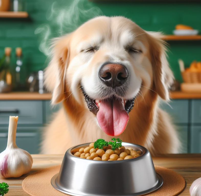 Perro con dientes de ajo en su comida