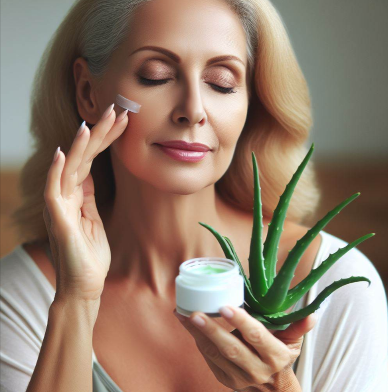 Mujer aplica crema de aleo vera en su rostro