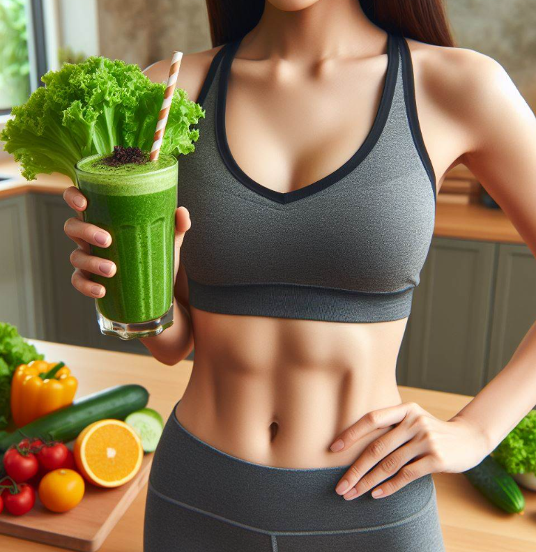 Mujer con batido baja panza