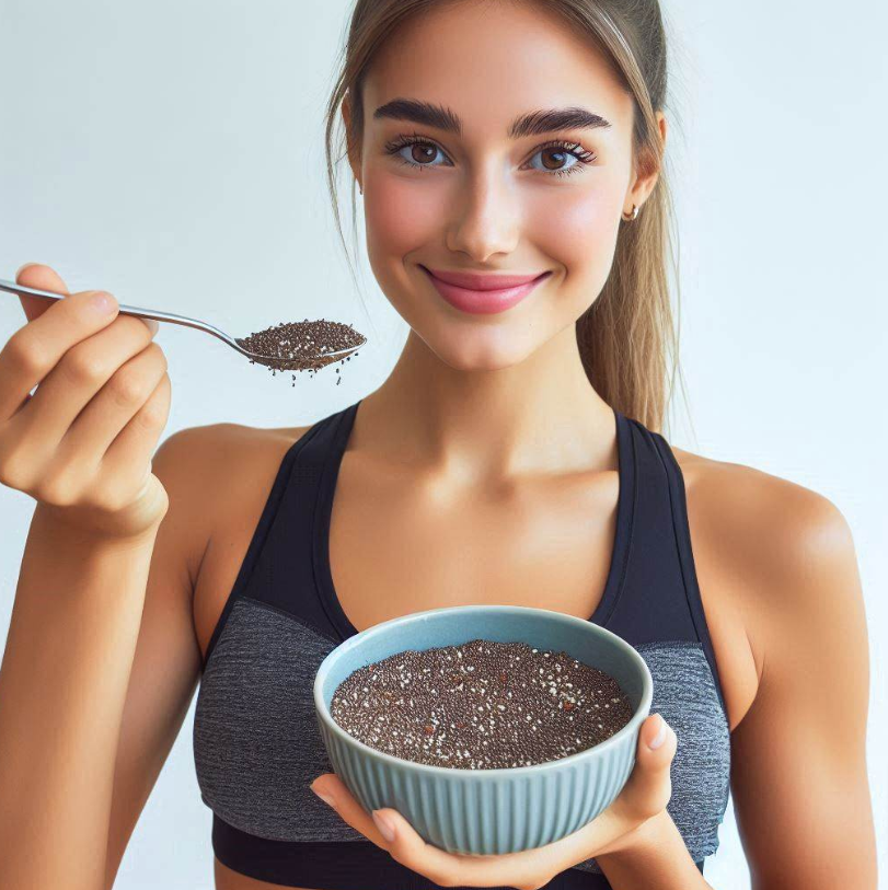 Persona con ropa deportiva comiendo chía y se ve muy saludable