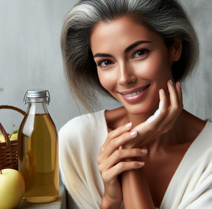 Mujer de 40 años con cabello canoso aplica remedio vinagre de manzana en el cabello