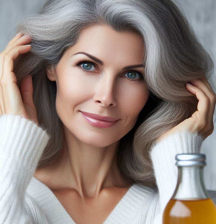 Mujer de 40 años con cabello canoso y vinagre de manzana al lado