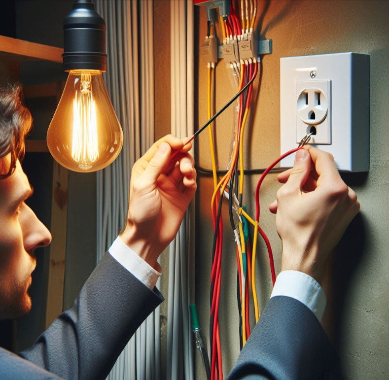 Persona instalando una lámpara conectando incorrectamente el cable neutro en lugar del cable de fase