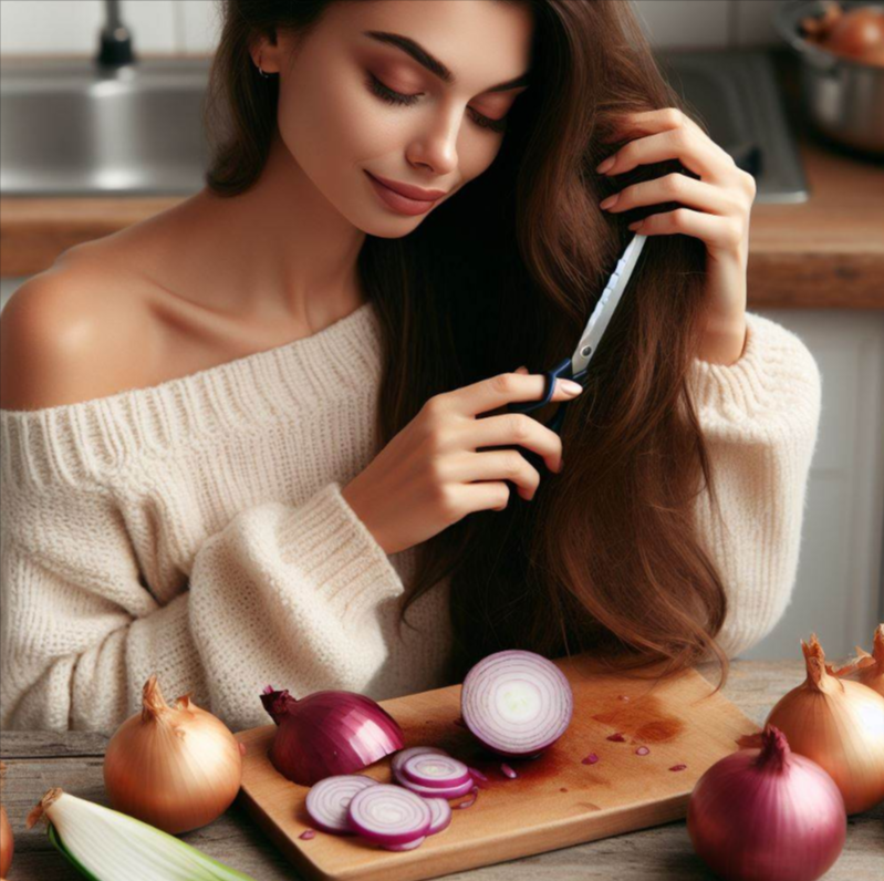 Una mujer cortando cebolla y colocando el jugo de la cebolla en el pelo