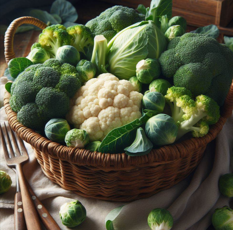 Cesta con brócoli, coles de bruselas, coliflor