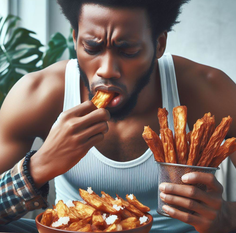 Persona que come yuca frita