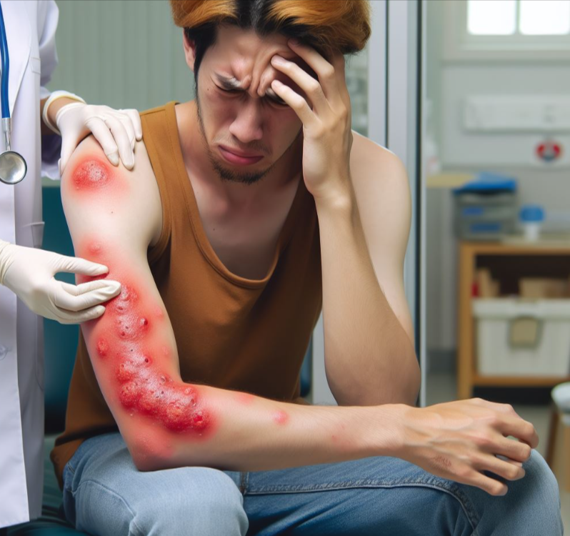 Persona con erupción en la piel, en la zona de los brazos. La persona está en una sala de espera del hospital y está siendo curada