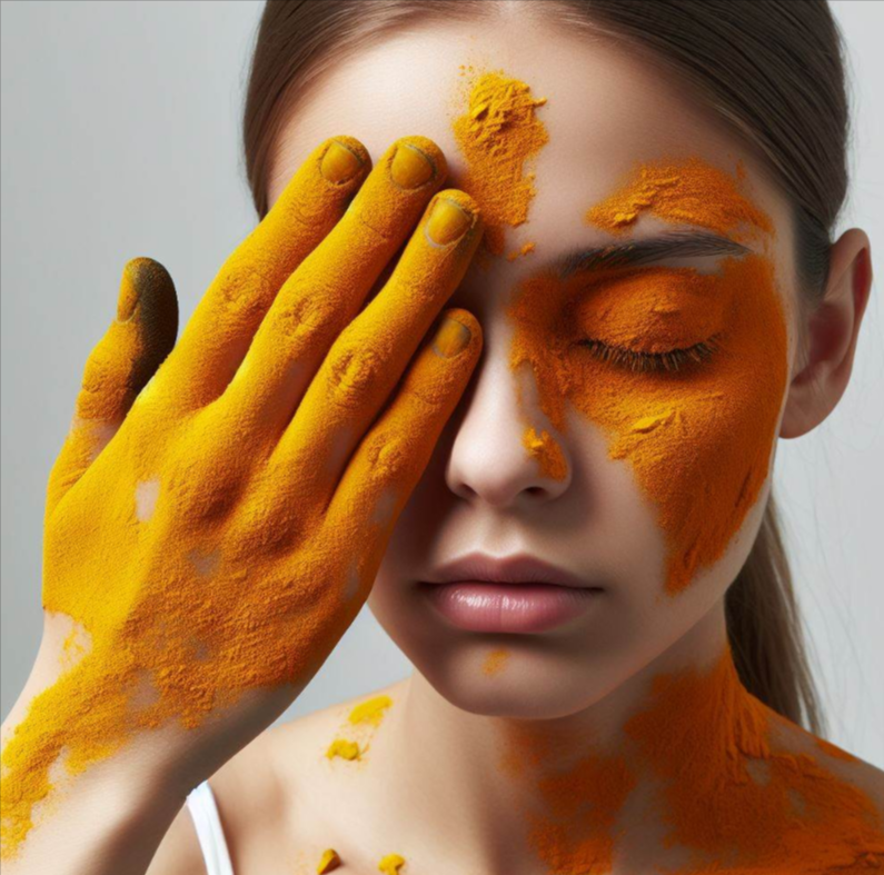 Persona con problemas en la vista que tiene cúrcuma en la mano