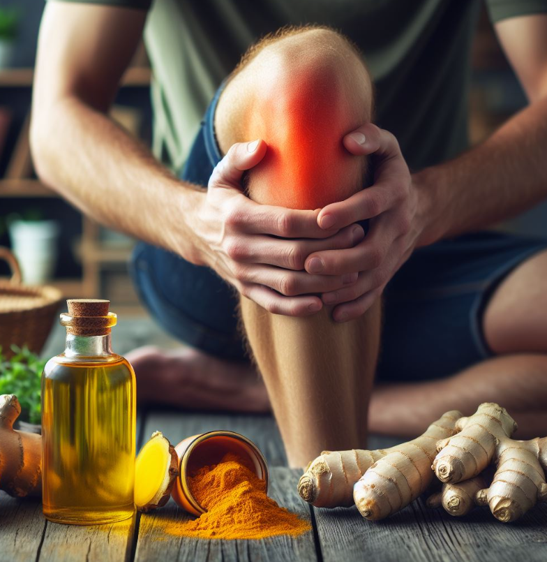 Persona con dolor en las rodillas y tiene sobre la mesa jengibre, cúrcuma y aceite de oliva para aliviar el dolor