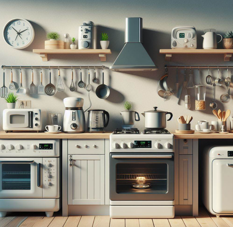 Cocina con horno eléctrico, fogón eléctrico, microondas, tostadora, batidora, cafetera eléctrica, todos los equipos encendidos, gastando energía eléctrica innecesariamente