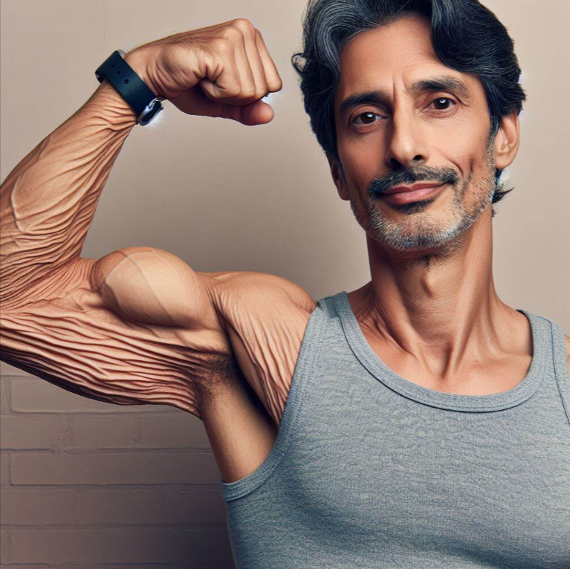 Persona de 40 años que tiene un brazo alzado a la altura del pecho y tiene la piel del brazo flácida