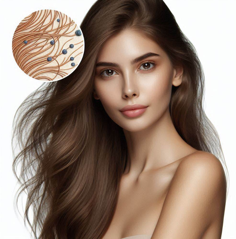 Mujer con el cabello suelto y al lado superior derecho de la imagen en un círculo la imagen de folículos pilosos