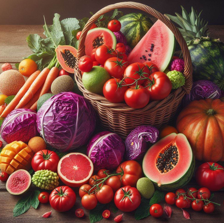Cesta con tomates de color rojo, zanahoria, guayabas, sandias, pitaya roja, repollo morado, papaya