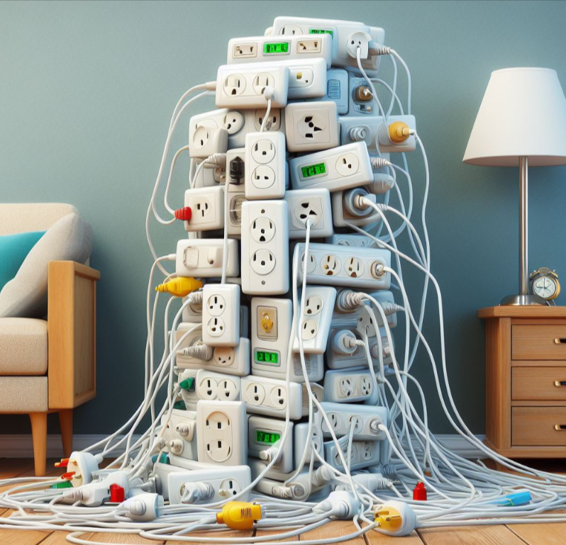 Extensión de toma corriente sobrecargada con todos los enchufes ocupados, representando un gasto innecesario de energía