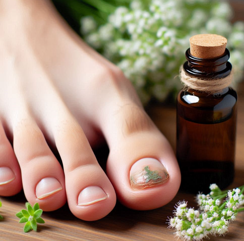 Pie con hongos en las uñas al que se le aplica aceite de oliva y aceite de orégano