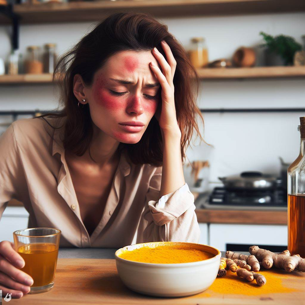 Mujer que tiene intoxicación por exceso de cúrcuma