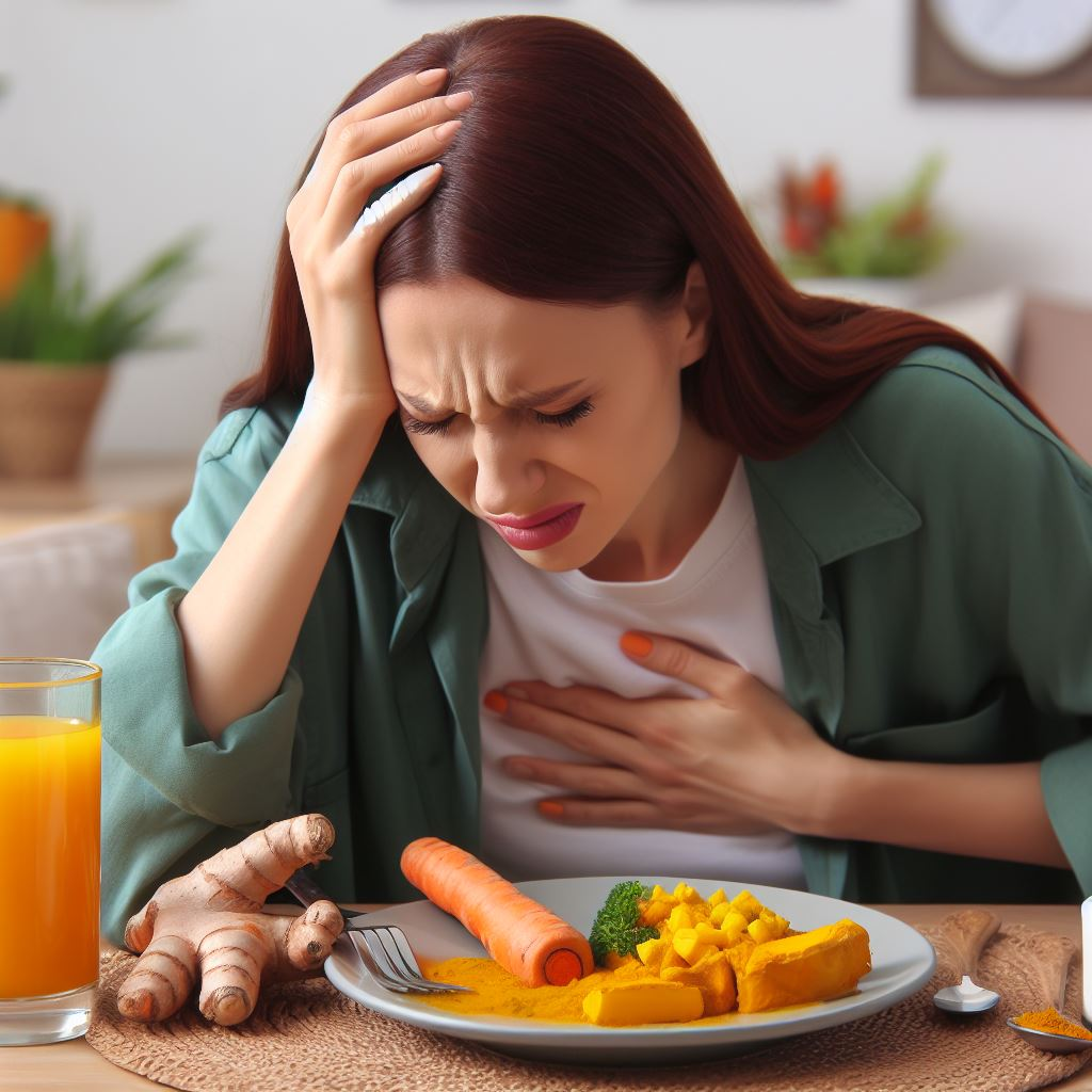 Mujer con dolores estomacales por el consumo excesivo de cúrcuma