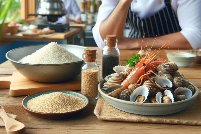 Semillas de sésamo, ajonjolí y mariscos