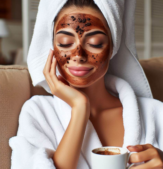 Mujer aplicando mascarilla de café en el rostro
