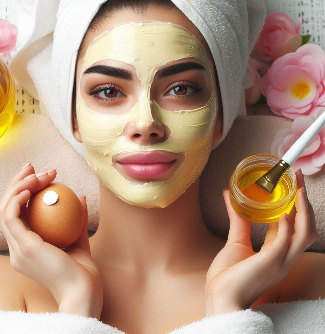 Mujer con mascarilla de huevo y aceite de bebe