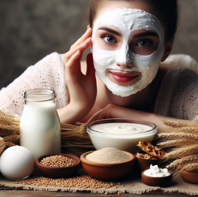 Mujer preparando mascarilla de yogur, germen de trigo y levadura de cerveza