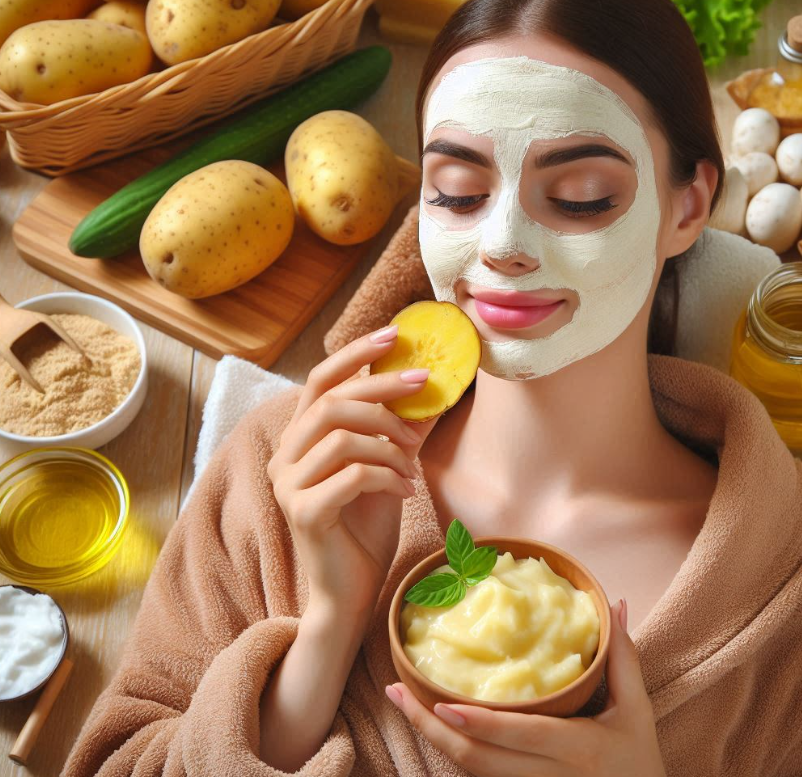 Mujer preparando mascarilla de papa, maicena y aceite de coco para rejuvenecer el rostro
