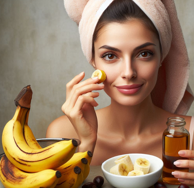Mujer que prepara mascarilla de  plátano maduro y aceite de rosa mosqueta  para las arrugas