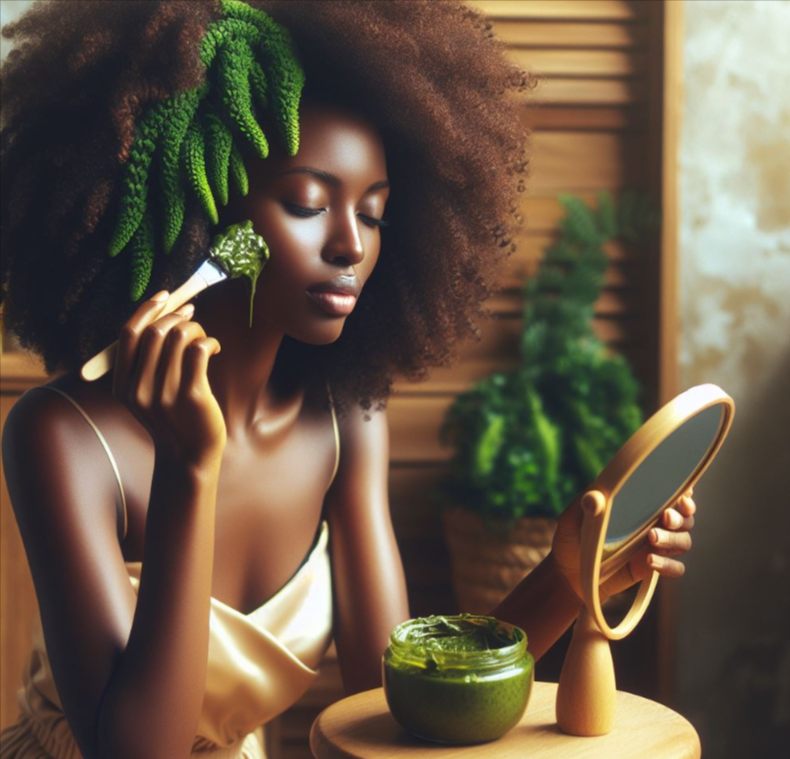 Persona coloca moringa en su cabello y su piel