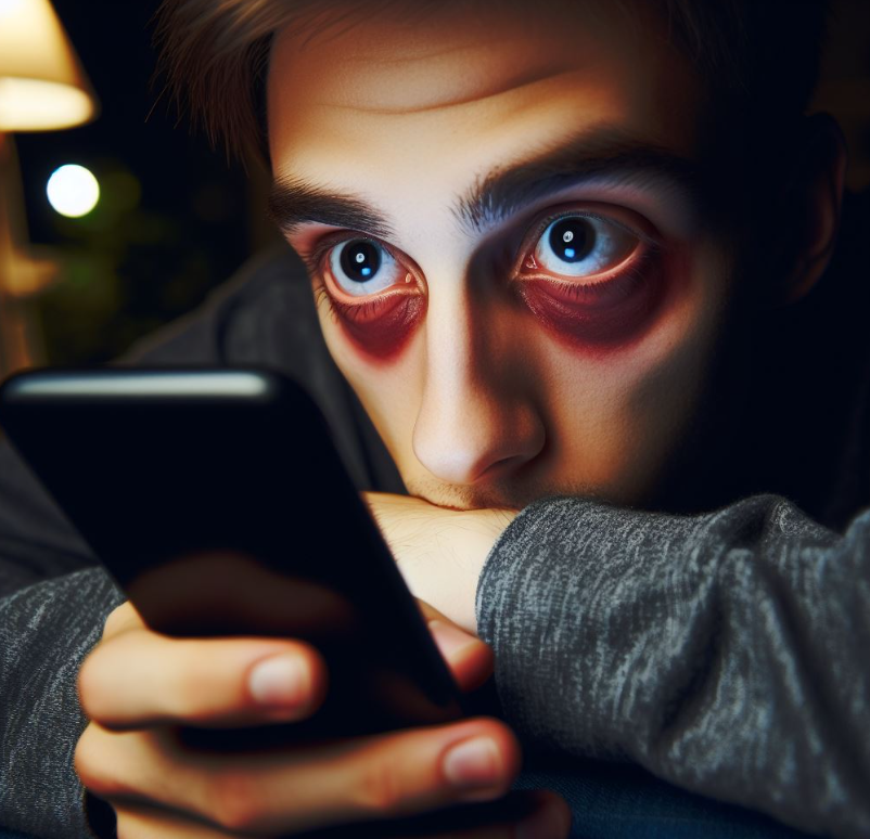 Persona con ojeras usando el celular en la noche
