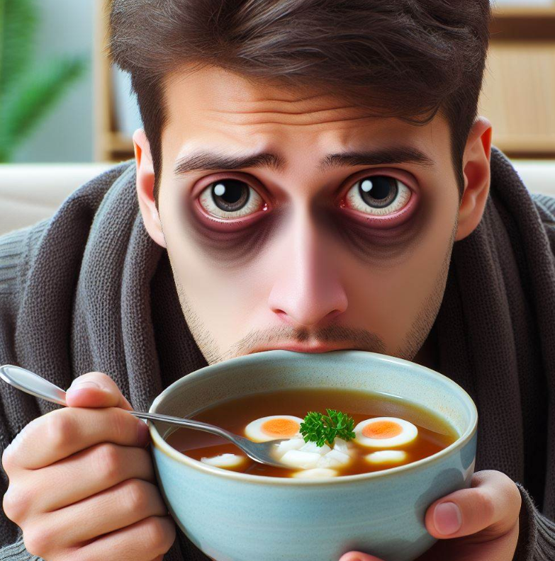 Persona con ojeras que toma un plato de caldo de huesos
