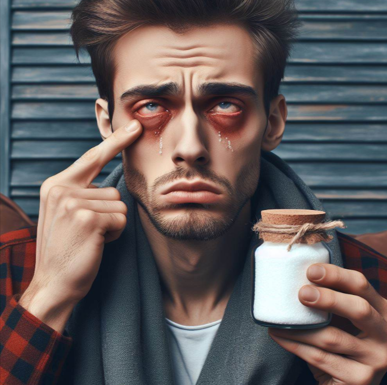 Persona que tiene los ojos inflamados que tiene un frasco de sal en su mano
