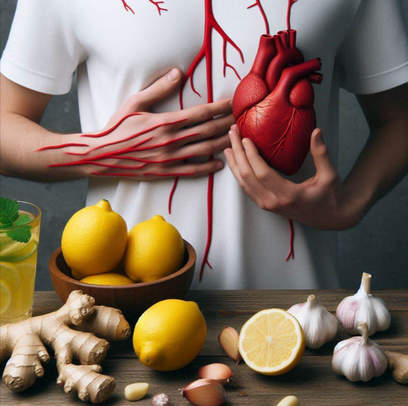 Persona que tiene en una mesa limón, jengibre, ajo y sobre su ropa el corazón bombeando sangre a sus venas