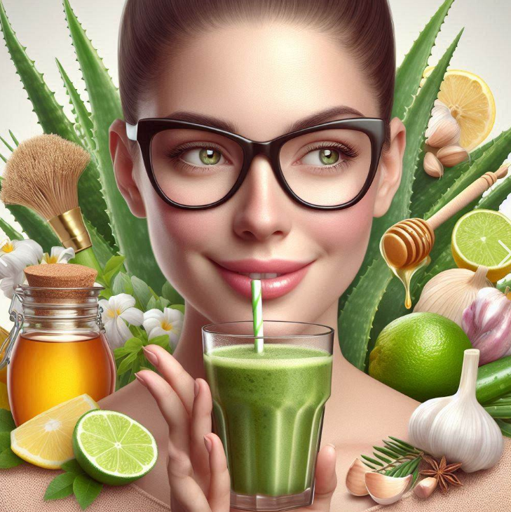 Persona que tiene en sus manos espejuelos y se ve toda la imagen borrosa menos un licuado de aloe vera, miel, ajo, limones y comino