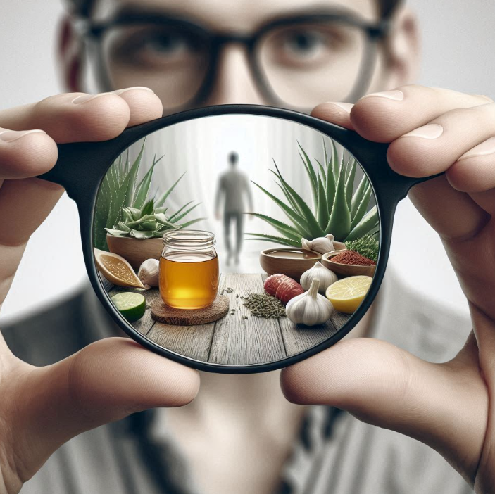 Persona que tiene en sus manos espejuelos y se ve toda la imagen borrosa, menos lo que se ve a través de los espejuelos. Lo que se ve a través de los espejuelos es una mesa con aloe vera, miel, ajo, limones y comino