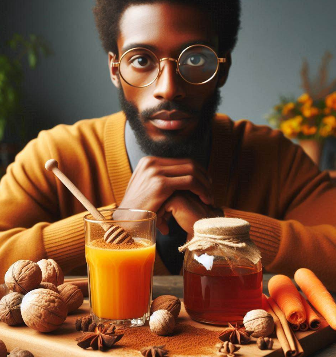 Persona con falta de visión toma remedio de nuez moscada, miel y jugo de zanahoria