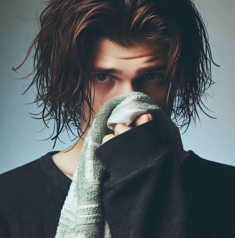 Persona con el pelo mojado, resfriado y un pañuelo en la nariz