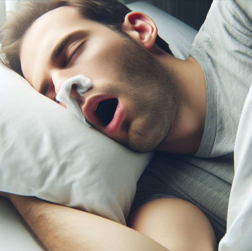 persona que ronca mientras duerme con la boca abierta, en posicion boca arriba, porque tiene problemas en la nariz