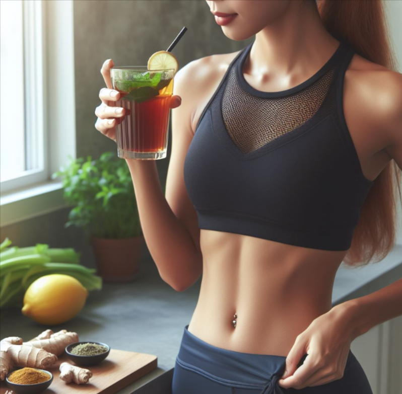 Mujer toma té de jengibre, comino y menta para eliminar gases y aplanar el estómago